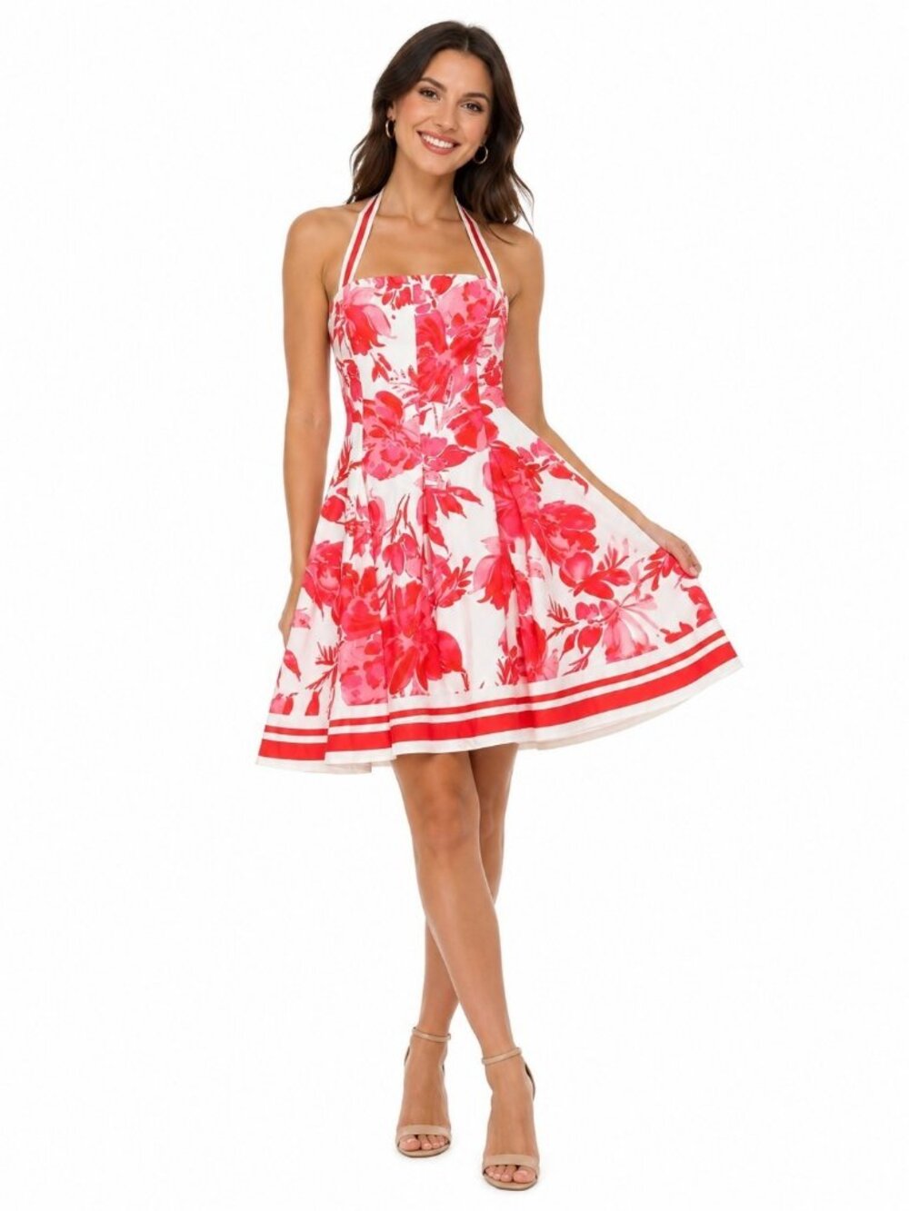 All About May Floral Halter Fit & Flare Dress Pink White Sz 10 Bold Floral - Picture 1 of 5